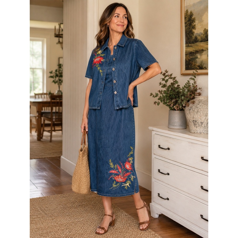 Studio Ease Denim Dress Jacket Set Size 16 Embroidered Floral 2 Piece Blue‎